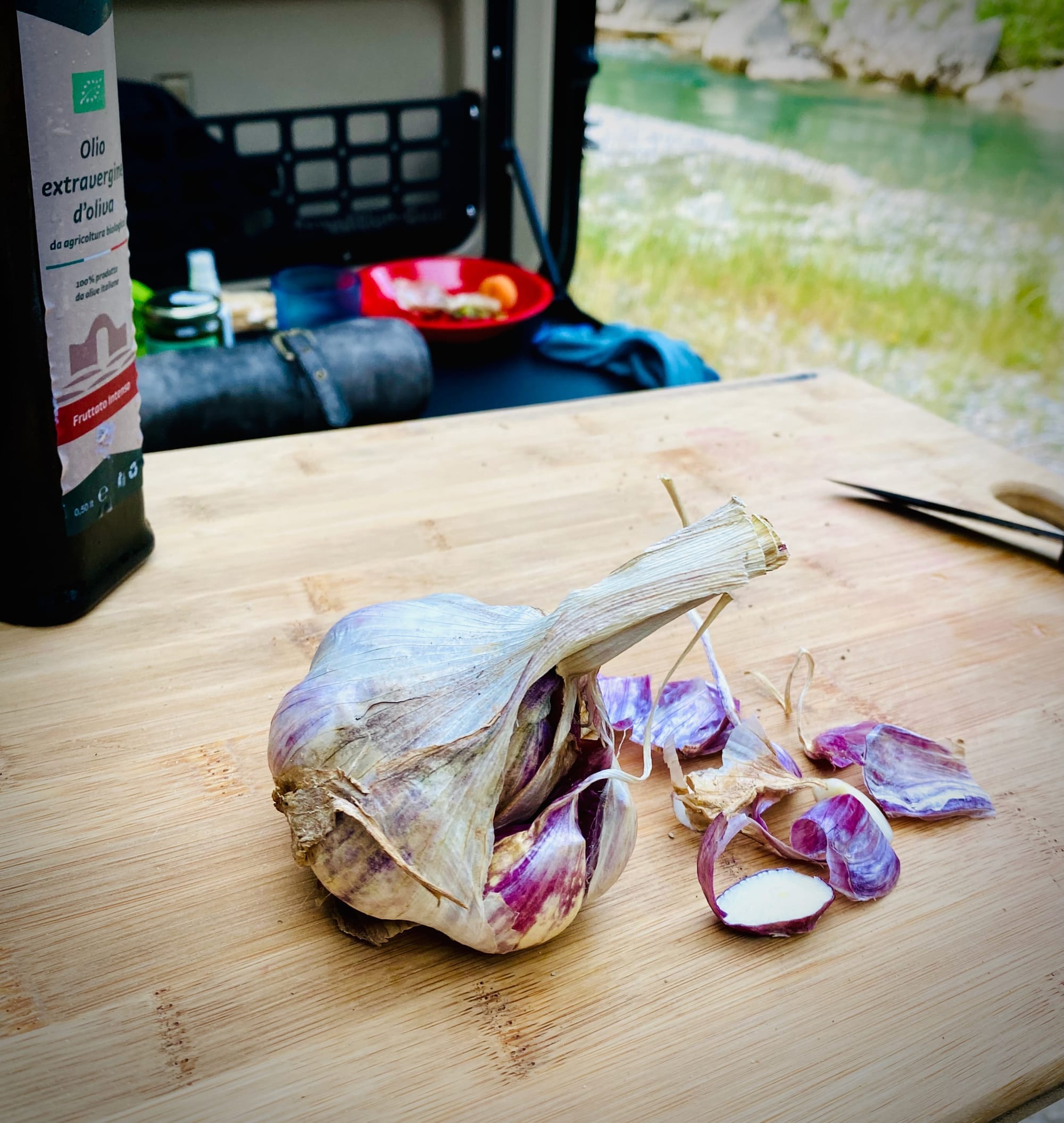 Image of freshly cut garlic on a chopping board