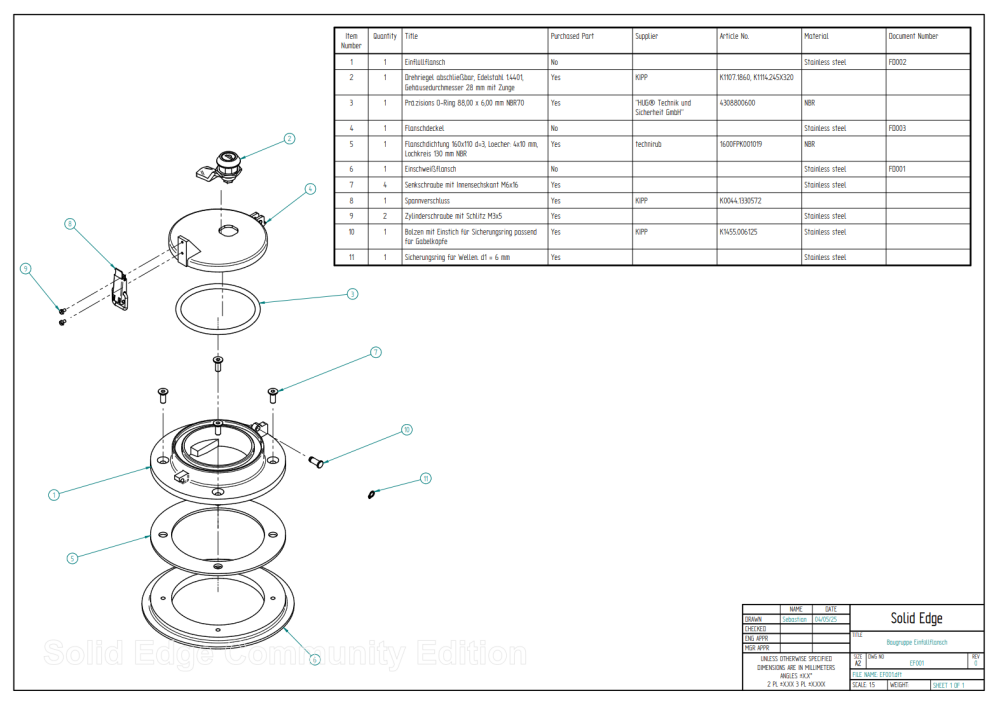 Technical drawing of the custom V2A filling nozzle