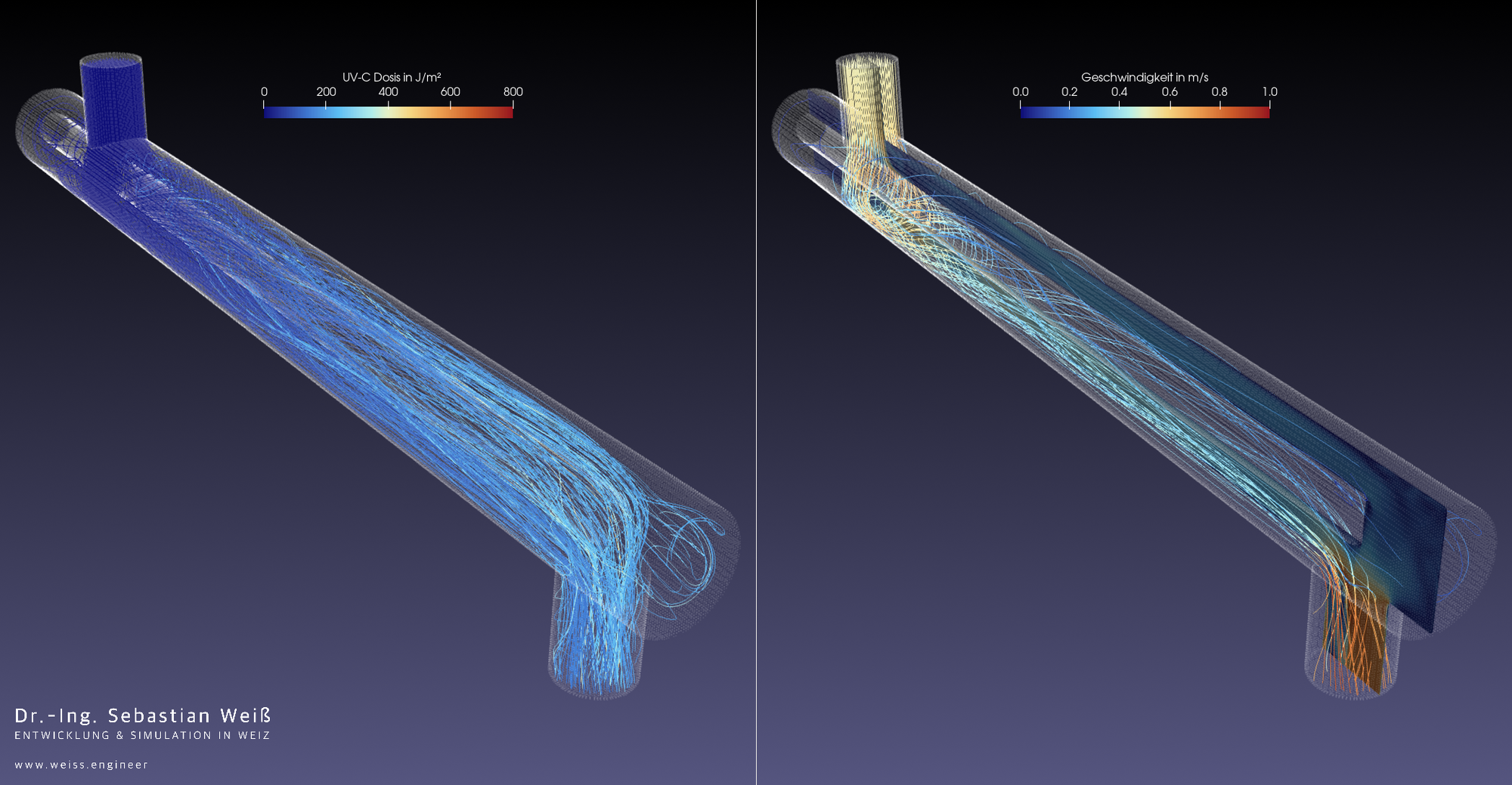 Flow simulation in a UV reactor at a flow rate of 1,000 l/h, including dose calculation